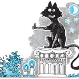 Macska éjjel, piedesztálon, gyertyafényben lájkol