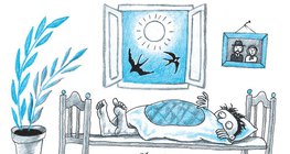 Fiú az ágyból kinéz a nyitott ablakon a ragyogó napsütötte reggelre és a vidáman diskuráló fecskékre