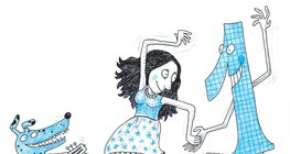 Lány egyessel táncol a kutya gitárzenéjére