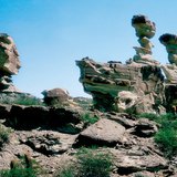 Rock towers formed by wind erosion in the desert