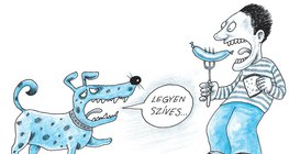 Kutya ételt kunyerál az étkező fiútól