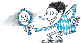 Bohóc ruhás fiú vigyorog, de a tükörképe sír