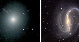 Elliptikus (balra), spirális (középen) és szabálytalan formájú galaxis
