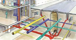 Csővezetékek és kábelek szövevénye az utcák aszfaltja alatt