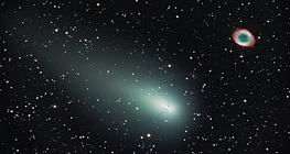 A Schwassmann–Wachmann-üstökös egyik darabja és a Gyűrűs-köd 