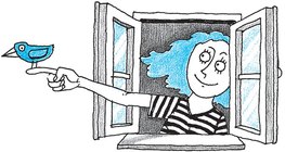 Ablakból kinyúló lány, kezén a szerelem kék madarával