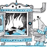 Egérke melegszik a fatüzelésű kályhánál