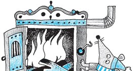 Egérke melegszik a fatüzelésű kályhánál